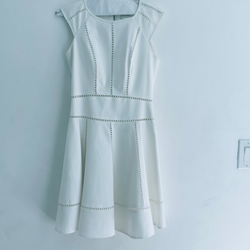 Reiss Ivory Mini Dress with eyelet. wedding guest, dinner, upscale event